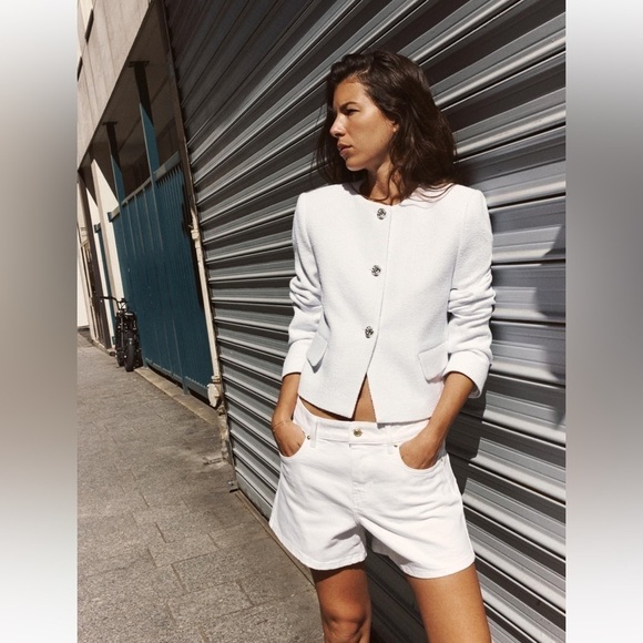 New ZARA Textured Round Collar Blazer With Shoulder Pads - Picture 1 of 10